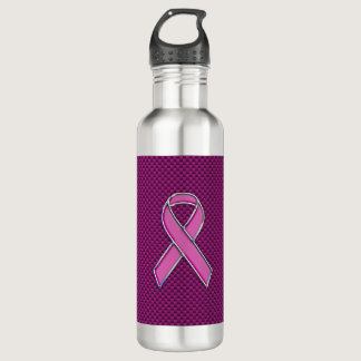 Chrome Style Pink Ribbon Awareness Carbon Fiber Water Bottle