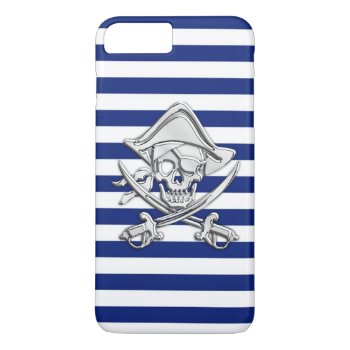 Chrome Style Pirate On Nautical Stripes Iphone 8 Plus/7 Plus Case by CaptainShoppe at Zazzle