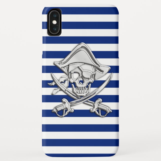 Chrome Style Pirate on Nautical Stripes Case-Mate iPhone Case (Back)
