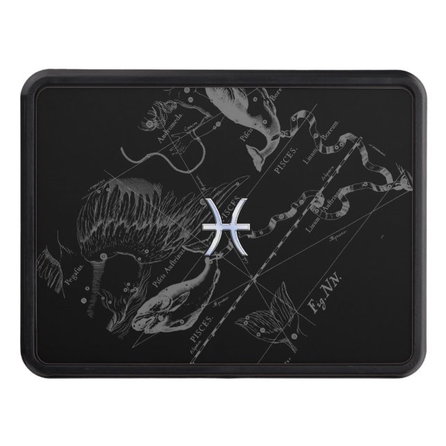 Chrome Style Pisces Zodiac Sign on Hevelius Tow Hitch Cover (Front)