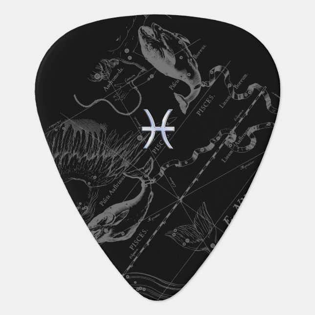 Chrome Style Pisces Zodiac Symbol on Hevelius Guitar Pick (Front)