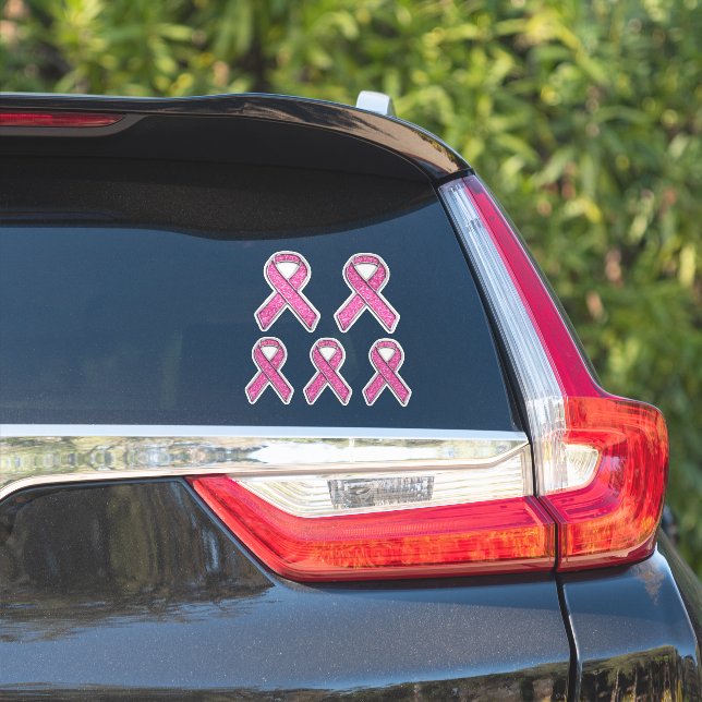 Chrome Style Print Pink Ribbon Awareness Sticker (Car Side)