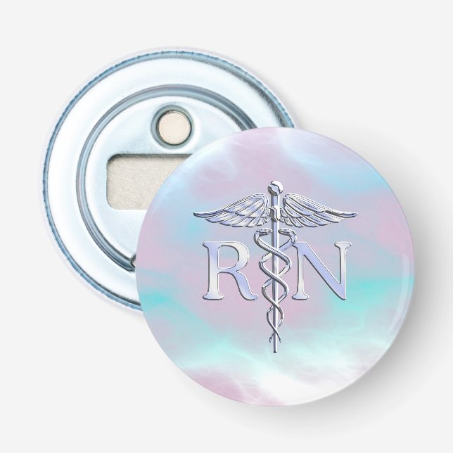 Chrome Style RN Caduceus Medical Mother Pearl Look Bottle Opener (Front)