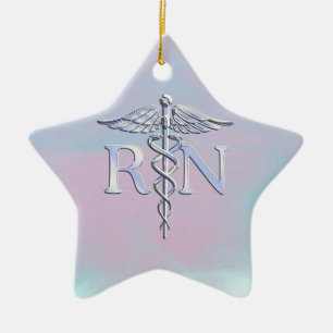 Chrome Style RN Caduceus Medical Mother Pearl Look Ceramic Ornament