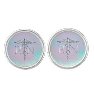Chrome Style RN Caduceus Medical Mother Pearl Look Cufflinks