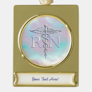 Chrome Style RN Caduceus Medical Mother Pearl Look Gold Plated Banner Ornament