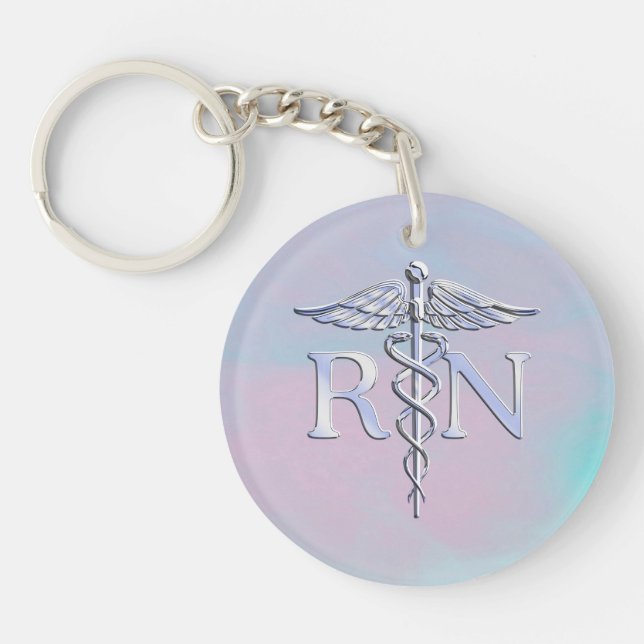 Chrome Style RN Caduceus Medical Mother Pearl Look Keychain (Front)