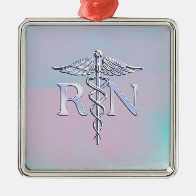 Chrome Style RN Caduceus Medical Mother Pearl Look Metal Ornament (Front)