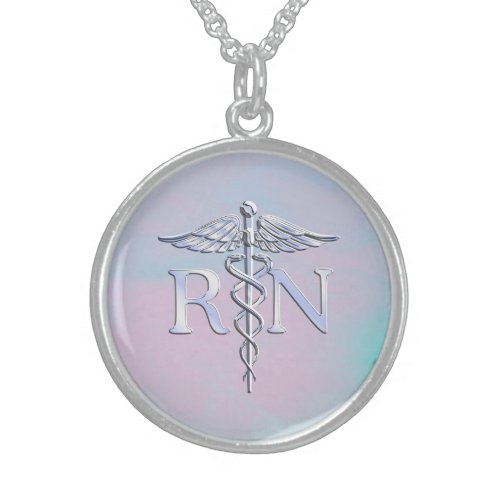 Chrome Style RN Caduceus Medical Mother Pearl Look Sterling Silver Necklace