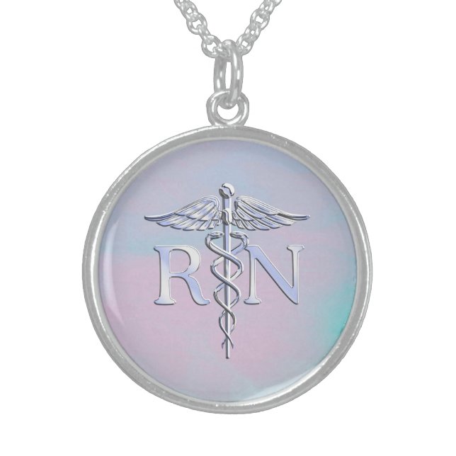 Chrome Style RN Caduceus Medical Mother Pearl Look Sterling Silver Necklace (Front)