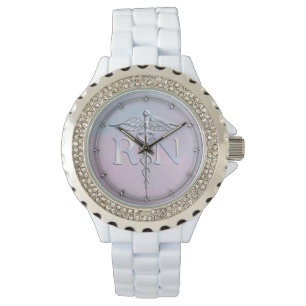 Chrome Style RN Caduceus Medical Mother Pearl Look Watch