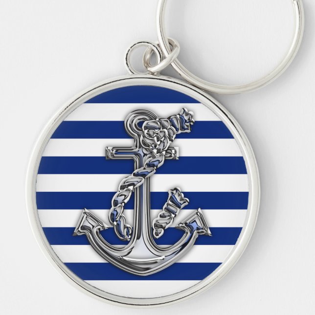 Chrome Style Rope Anchor on Nautical Stripes Keychain (Front)