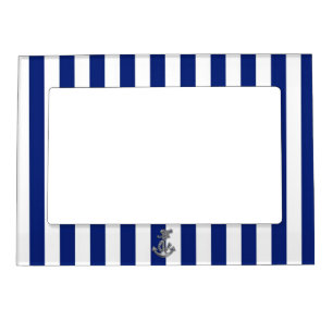 Chrome Style Rope Anchor on Nautical Stripes Magnetic Picture Frame