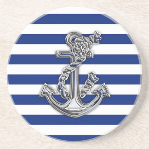 Chrome Style Rope Anchor on Nautical Stripes Sandstone Coaster