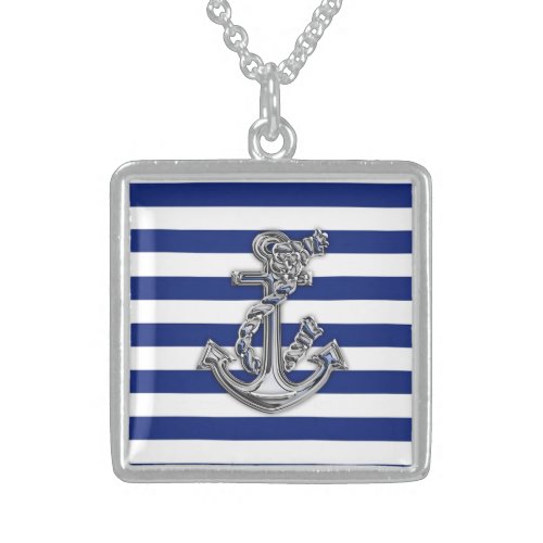 Chrome Style Rope Anchor on Nautical Stripes Sterling Silver Necklace