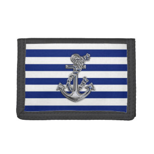 Chrome Style Rope Anchor on Nautical Stripes Tri-fold Wallet