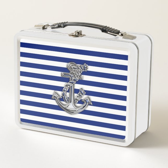 Chrome Style Rope Anchor on Navy Stripes Metal Lunch Box (Front)