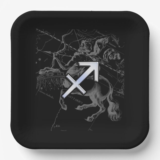 Chrome Style Sagittarius Zodiac Sign on Hevelius Paper Plates (Front)