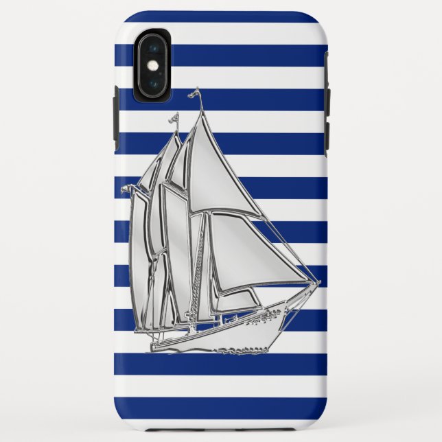 Chrome Style Sailboat on Nautical Stripes Case-Mate iPhone Case (Back)