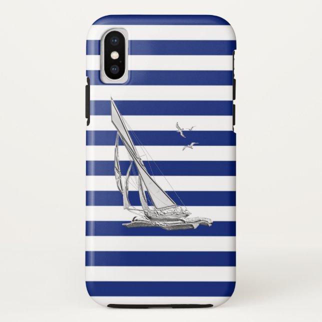 Chrome Style Sailing on Nautical Stripes Case-Mate iPhone Case (Back)