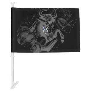 Chrome Style Taurus Zodiac Sign on Hevelius Black Car Flag