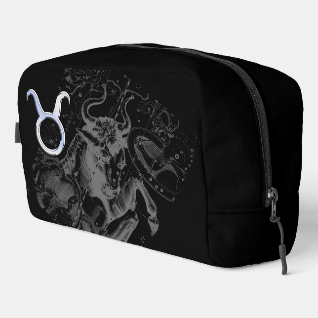 Chrome Style Taurus Zodiac Sign on Hevelius Black Dopp Kit (Right Corner)