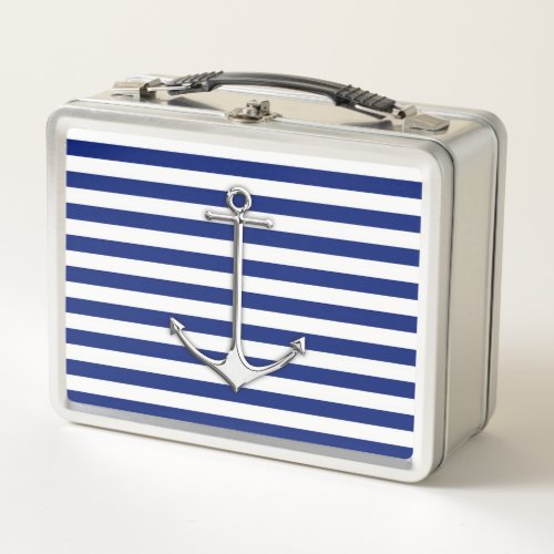 Chrome Style Thin Anchor on Navy Stripes Metal Lunch Box