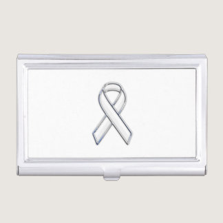 Chrome Style White Ribbon Awareness Business Card Case