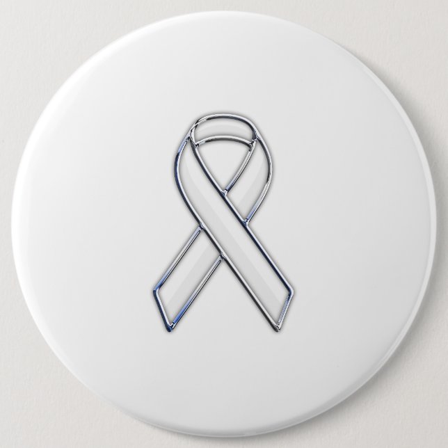 Chrome Style White Ribbon Awareness Button (Front)
