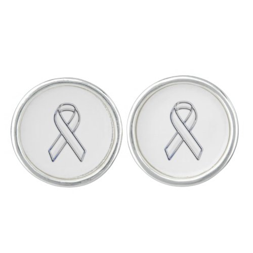 Chrome Style White Ribbon Awareness Cufflinks