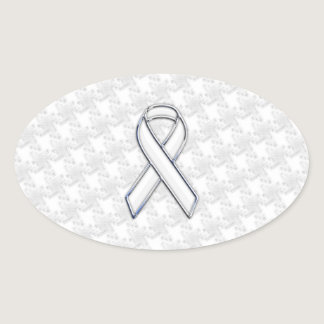 Chrome Style White Ribbon Awareness Houndstooth Oval Sticker