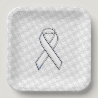 Chrome Style White Ribbon Awareness Houndstooth Paper Plates