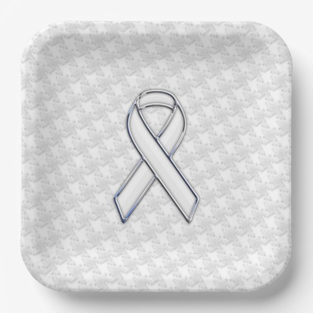 Chrome Style White Ribbon Awareness Houndstooth Paper Plates (Front)