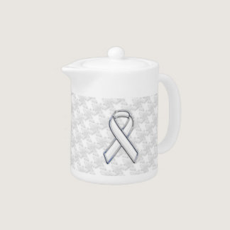 Chrome Style White Ribbon Awareness Houndstooth Teapot