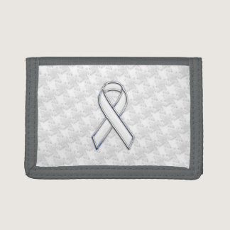 Chrome Style White Ribbon Awareness Houndstooth Tri-fold Wallet