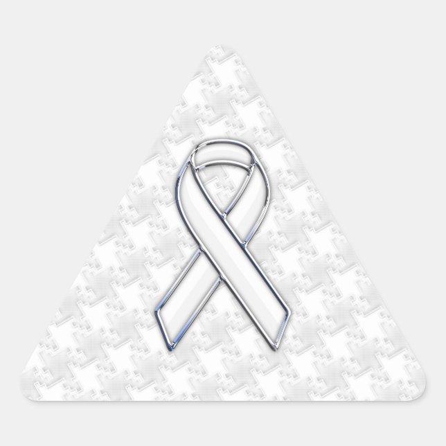 Chrome Style White Ribbon Awareness Houndstooth Triangle Sticker (Front)