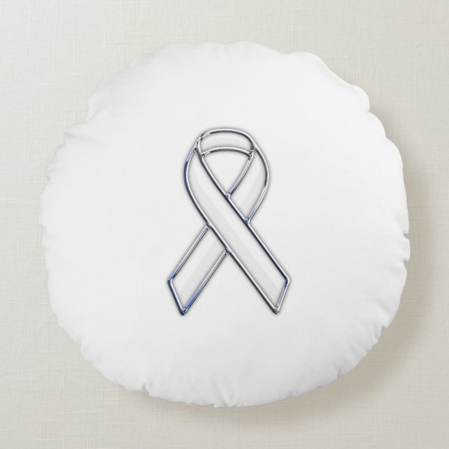 Chrome Style White Ribbon Awareness Round Pillow (Front)