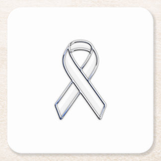 Chrome Style White Ribbon Awareness Square Paper Coaster