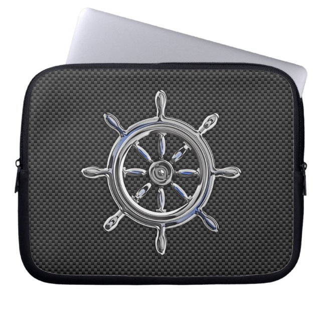 Chrome Wheel on Black Carbon Fiber Styles Laptop Sleeve (Front)