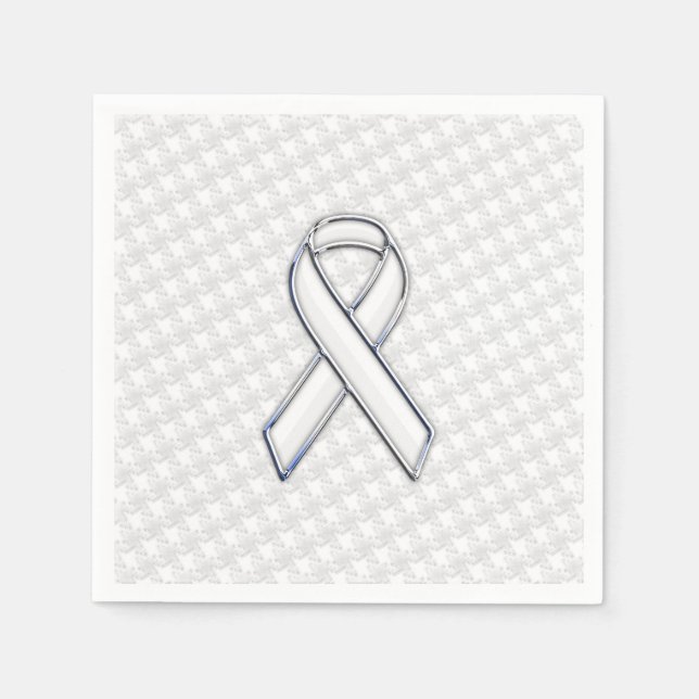Chrome White on White Ribbon Awareness Houndstooth Napkins (Front)