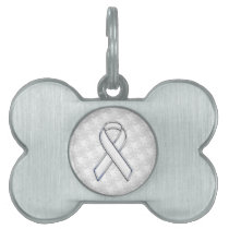 Chrome White on White Ribbon Awareness Houndstooth Pet Name Tag