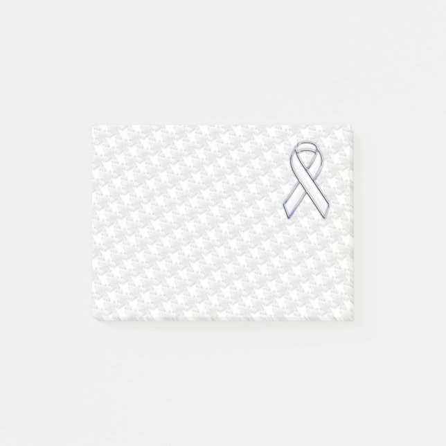 Chrome White on White Ribbon Awareness Houndstooth Post-it Notes (Front)