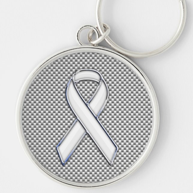 Chrome White Ribbon Awareness Carbon Fiber Decor Keychain (Front)