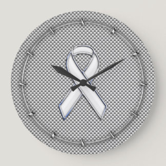 Chrome White Ribbon Awareness Carbon Fiber Decor Large Clock