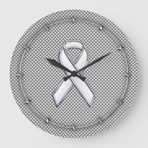 Chrome White Ribbon Awareness Carbon Fiber Decor Large Clock