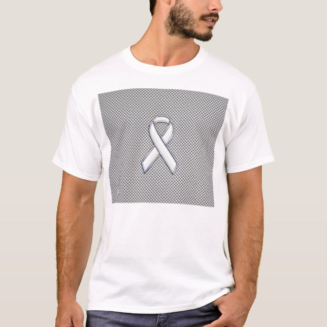 Chrome White Ribbon Awareness Carbon Fiber Decor T-Shirt (Front)