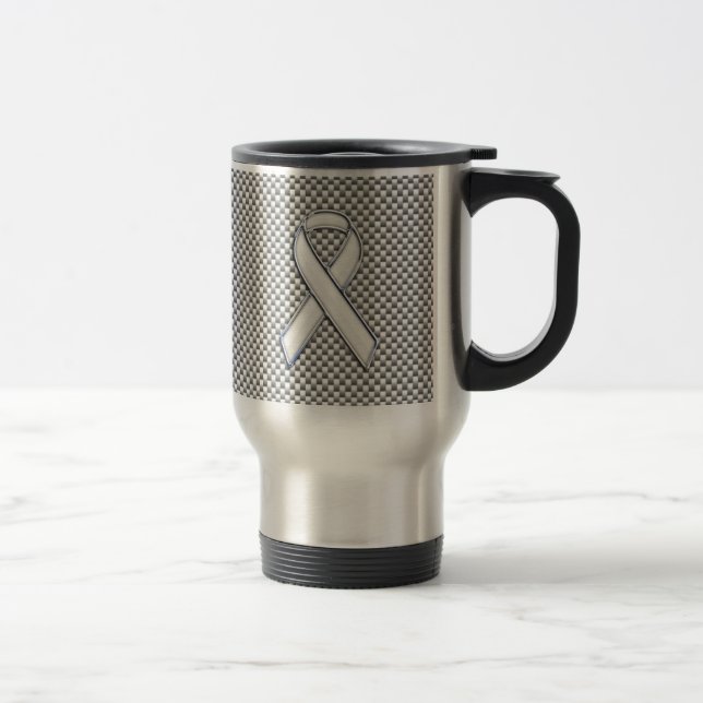 Chrome White Ribbon Awareness Carbon Fiber Decor Travel Mug (Right)