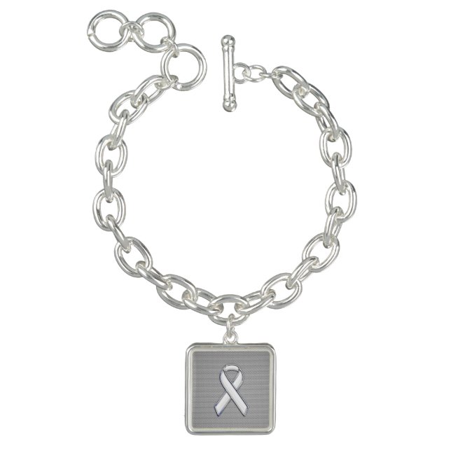 Chrome White Ribbon Awareness Carbon Fiber Print Charm Bracelet (Product)