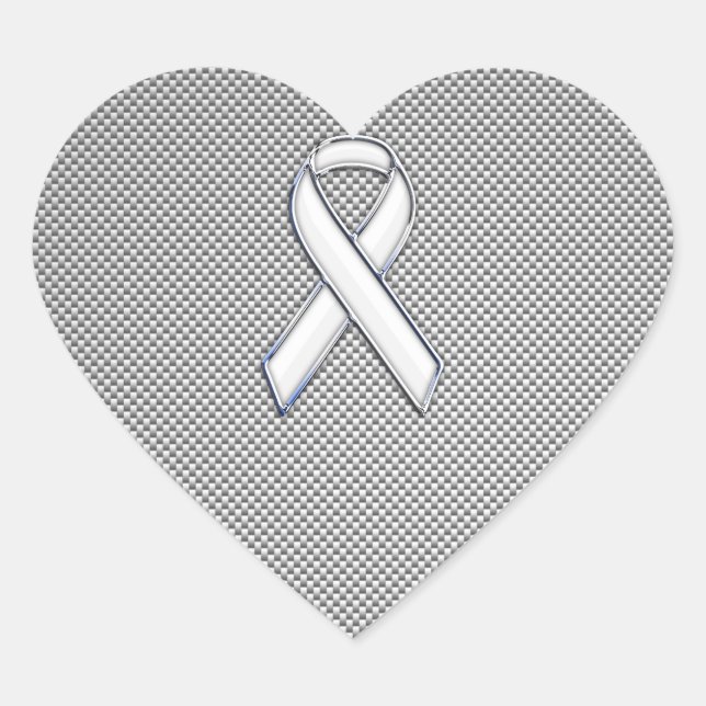 Chrome White Ribbon Awareness Carbon Fiber Print Heart Sticker (Front)