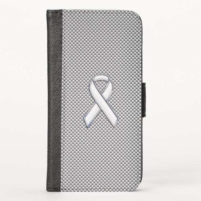 Chrome White Ribbon Awareness Carbon Fiber Print iPhone Wallet Case (Front)